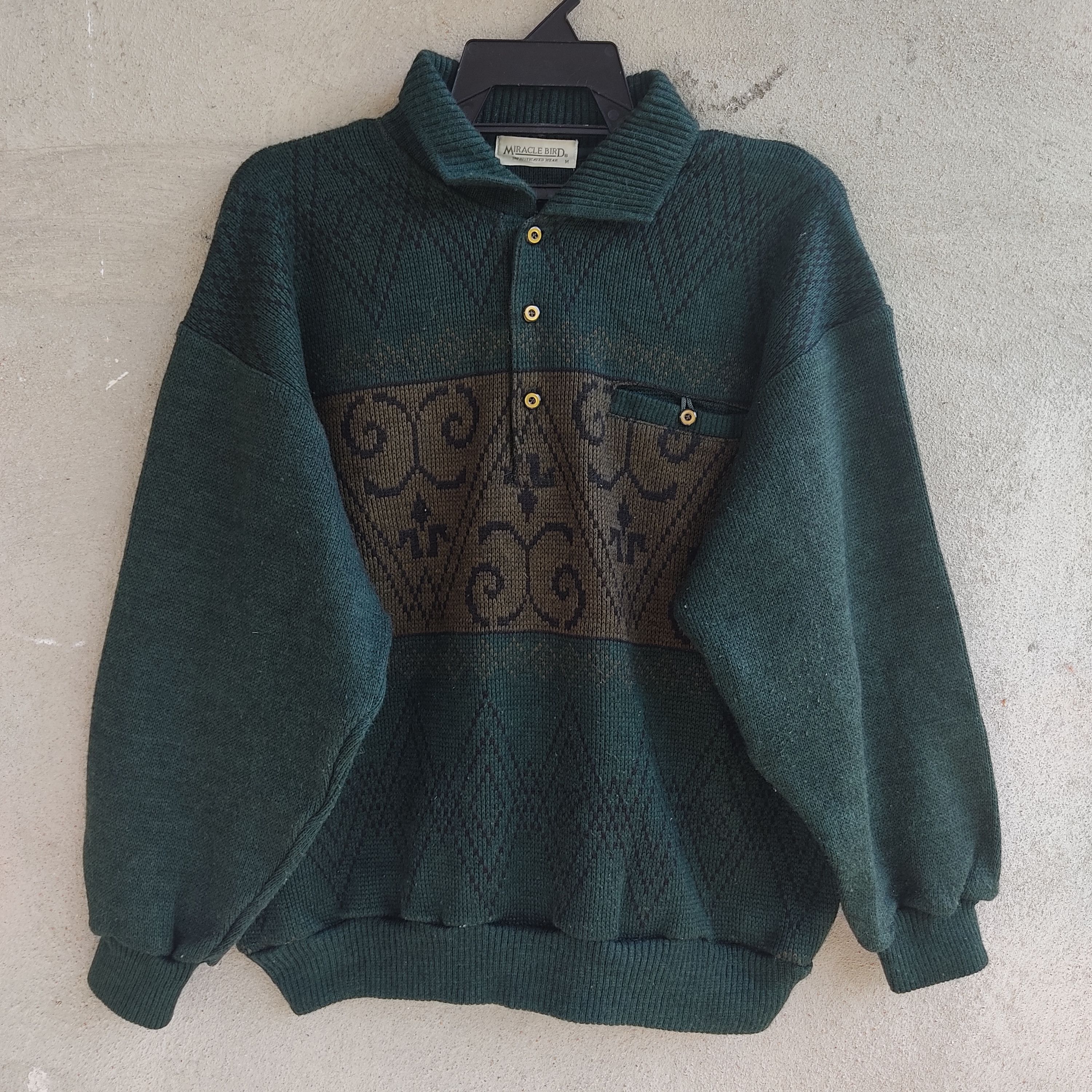 image of Vintage Miracle Bird Art Motif Knitwear Jumper in Green, Men's (Size Medium)