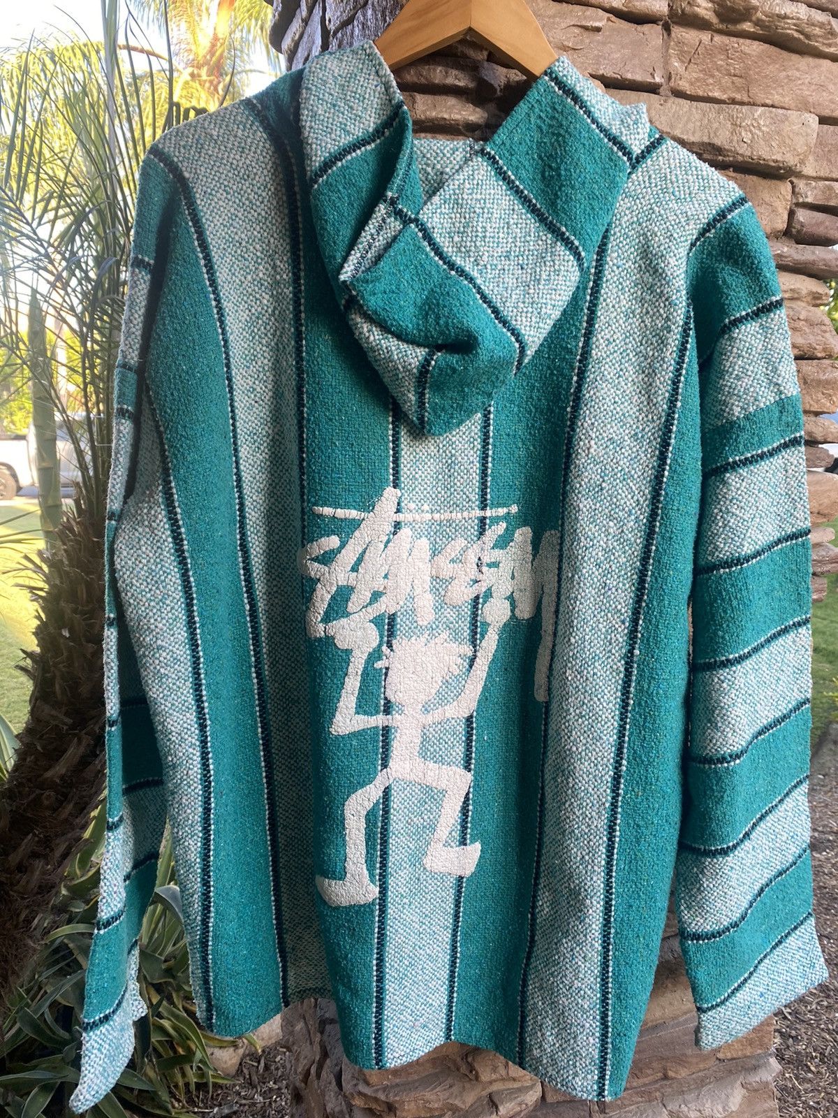 Vintage Teal Stussy Man Poncho Hoodie Size XL