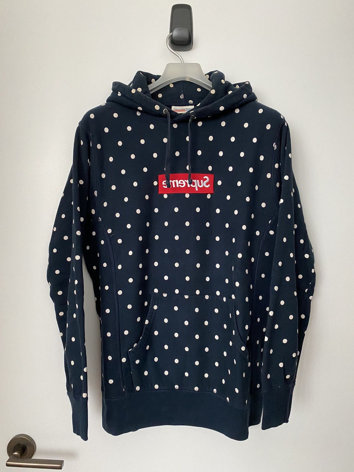 image of Comme Des Garcons Shirt X Supreme Polka Dot Box Logo Hoodie in Navy, Men's (Size Large)
