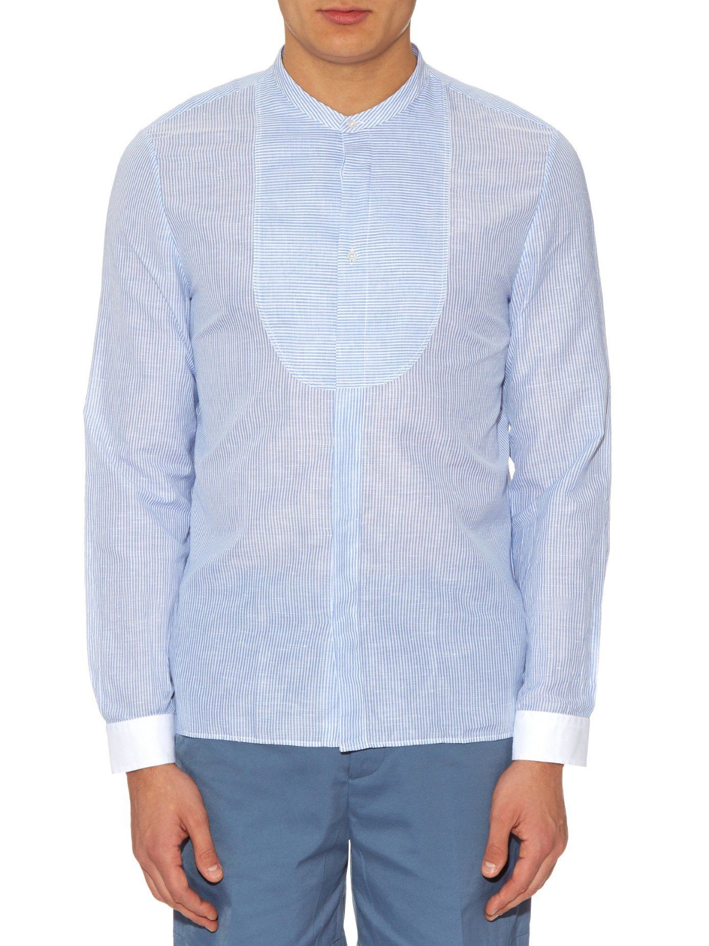 image of Gucci Collarless Striped Cotton-Linen Blend Shirt in Blue, Men's (Size XS)