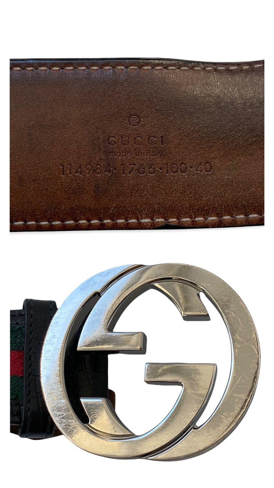 Gucci GUCCI STRIP RED GREEN LEATHER BELT WEB SILVER INTERLOCKING Size 36 - 2 Thumbnail