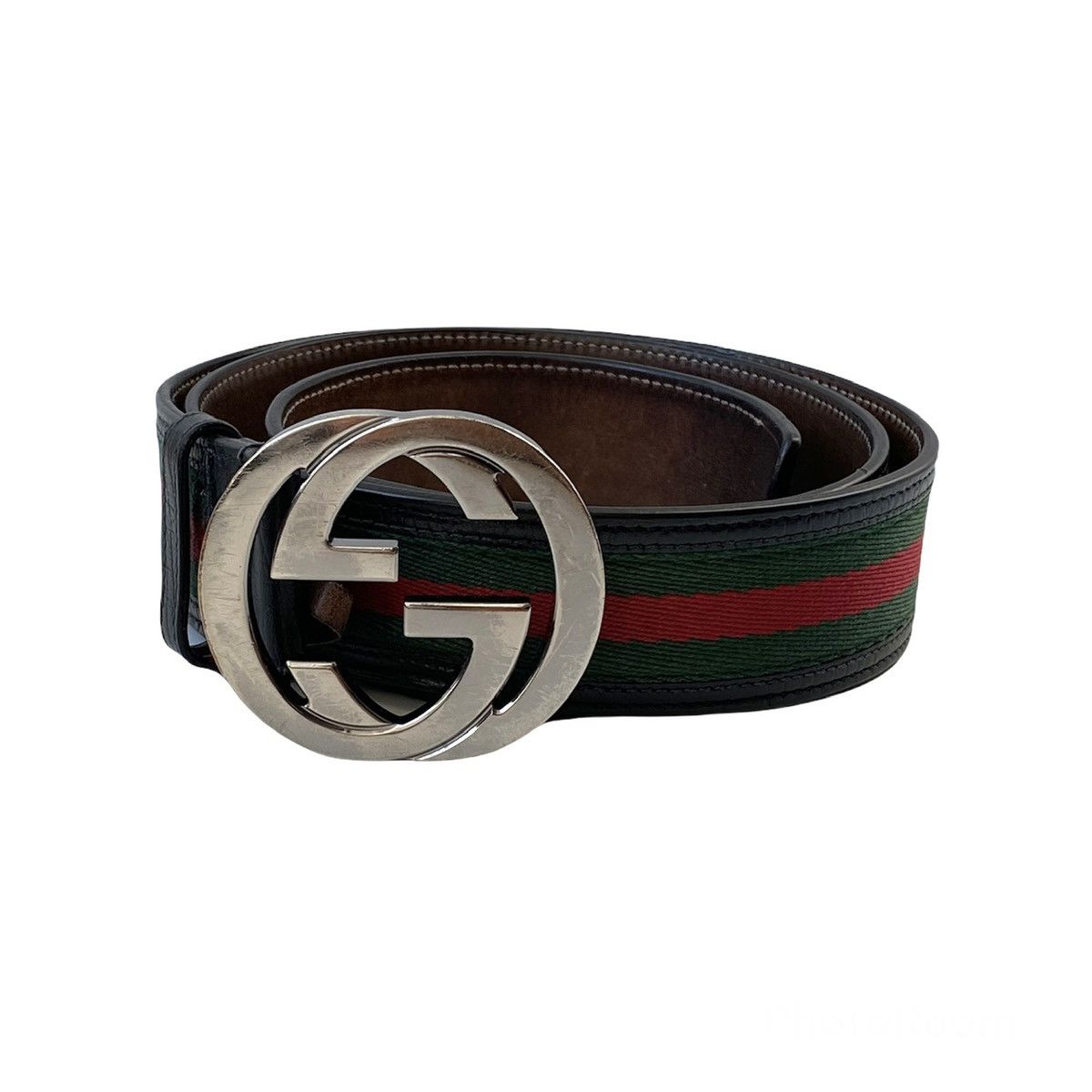 Gucci GUCCI STRIP RED GREEN LEATHER BELT WEB SILVER INTERLOCKING Size 36 - 1 Thumbnail