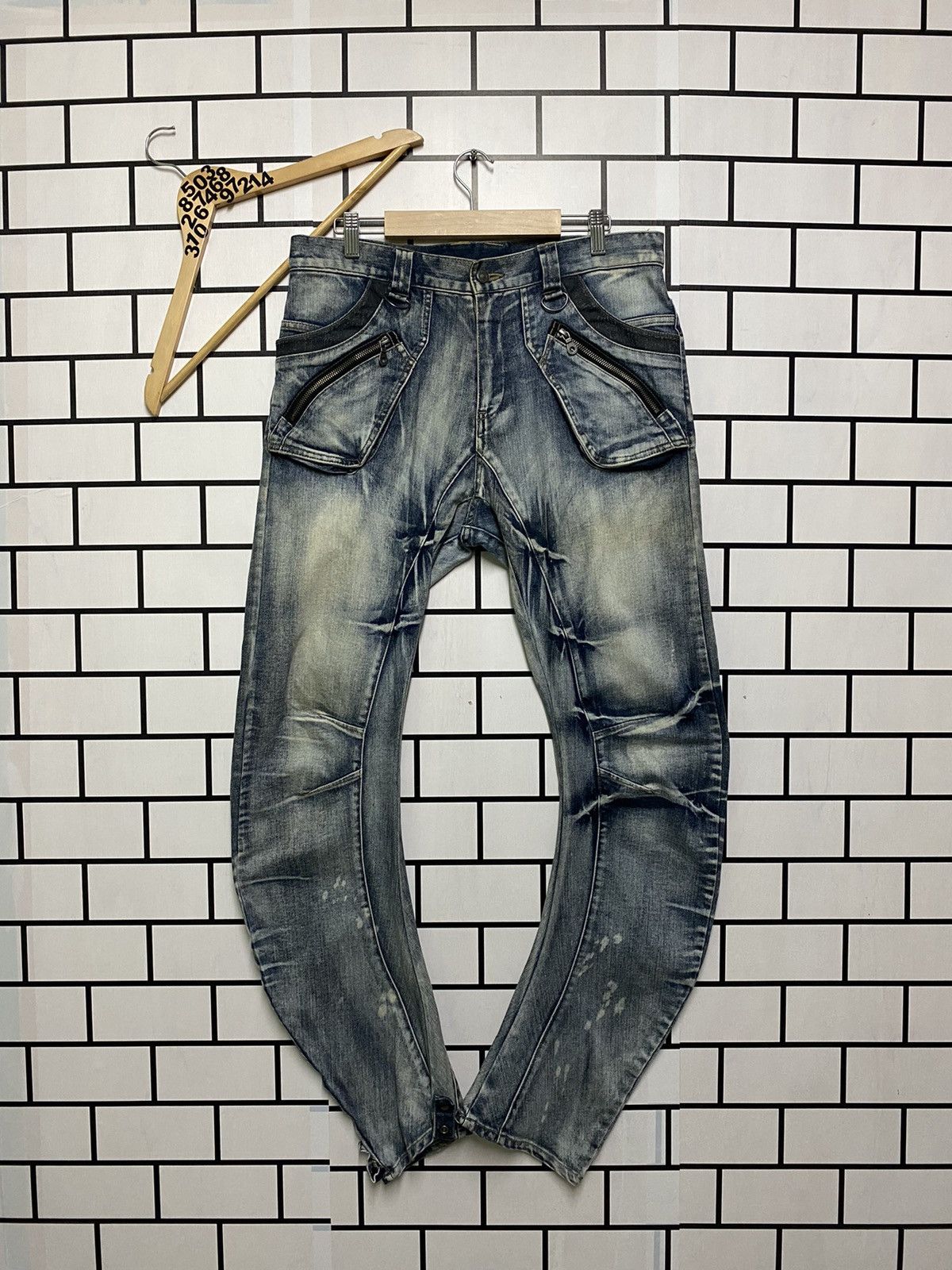 image of Ppfm Distressed Colour Curved Jeans in Blue, Men's (Size 32)