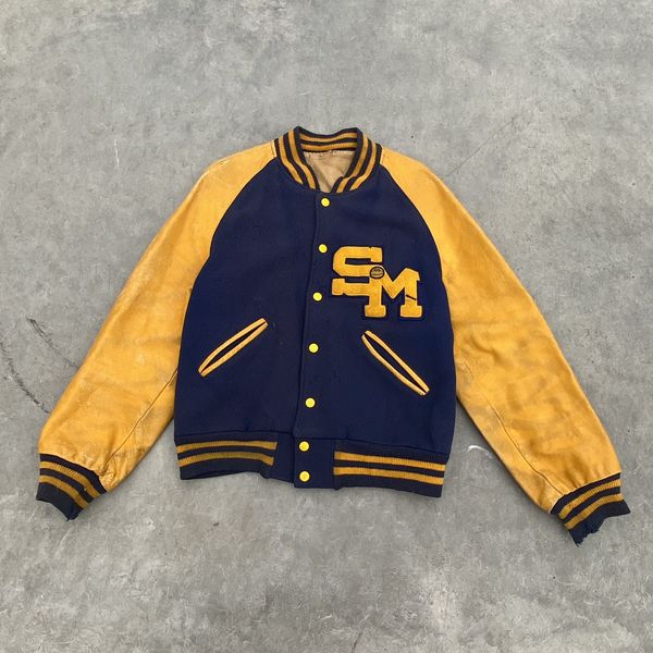 Vintage S-M True Vintage Varsity Jacket Leather Wool Yellow Blue | Grailed