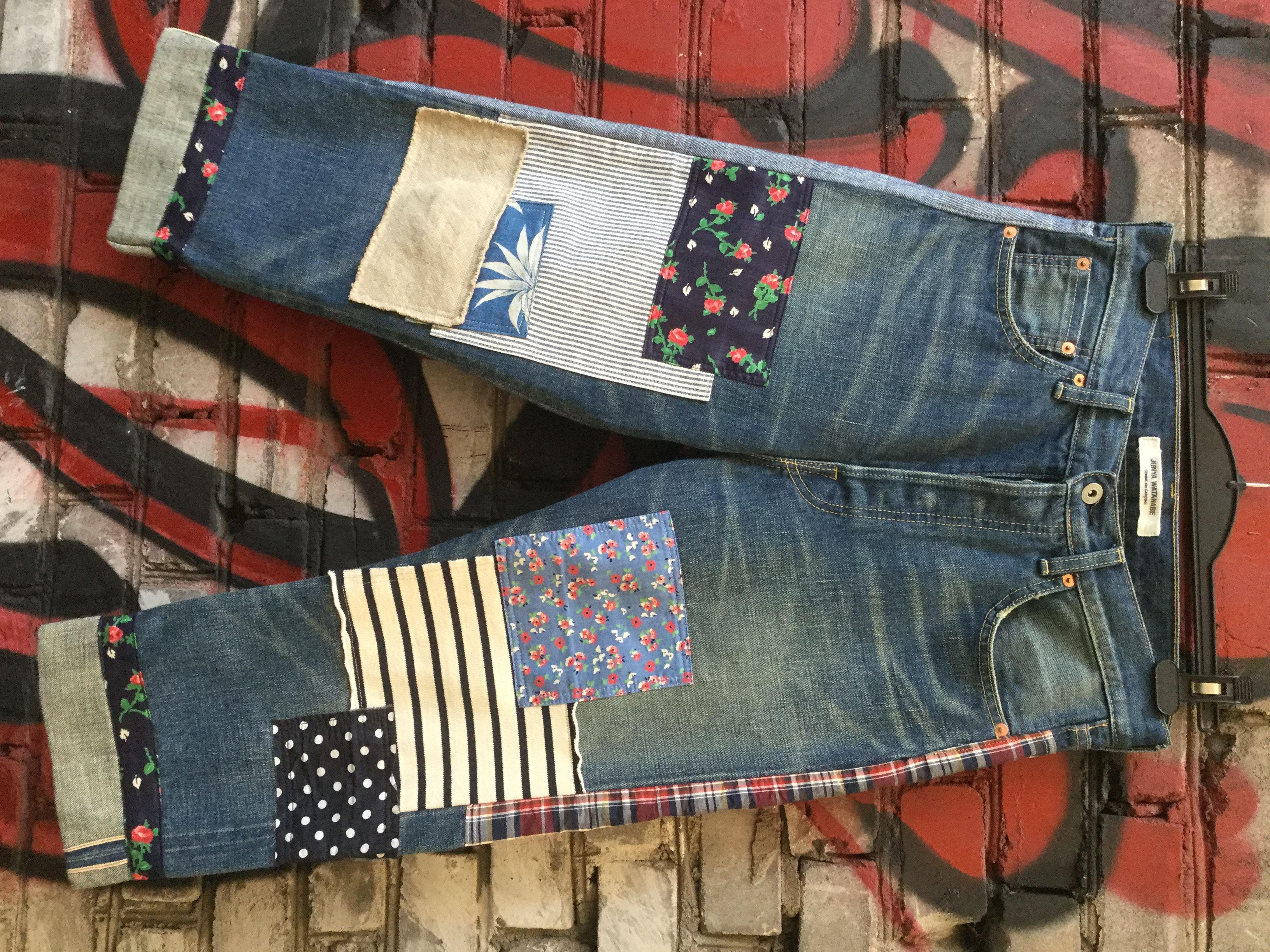 image of Comme Des Garcons x Junya Watanabe Patchwork Denim Cropped Jeans in Blue Patchwork, Men's (Size 28)