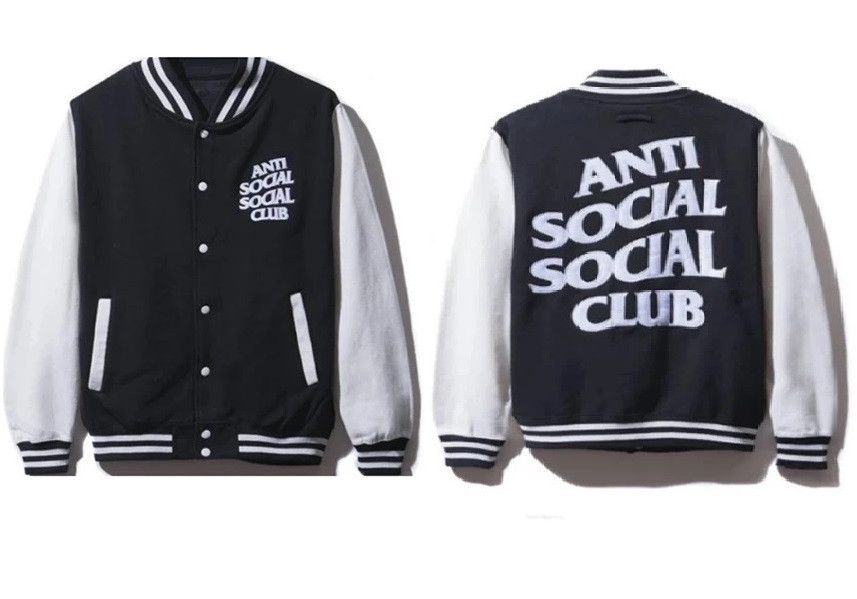 Anti Social Social Club DS ASSC DROPOUT WHITE Logo Navy letterman Jacket in hand Grailed