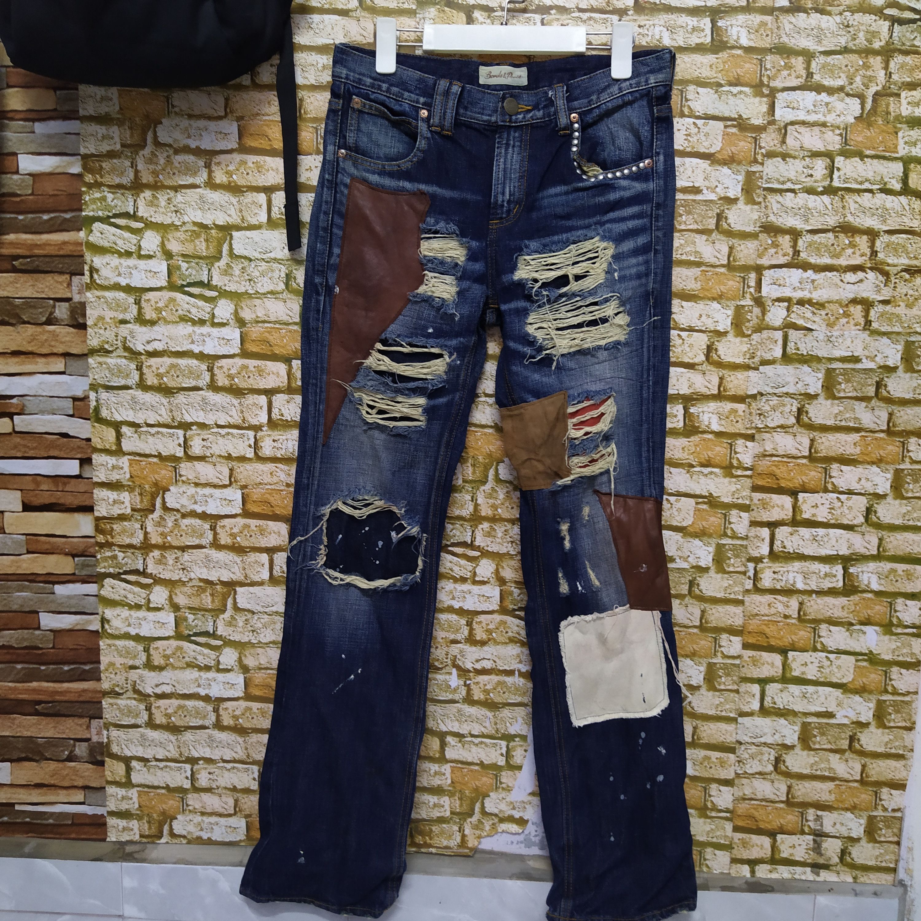 Japanese Brand BAP BOND & PEACE DENIM BORO LEATHER DISTRESSED DENIM (D212) Size US 30 / EU 46 - 1 Thumbnail