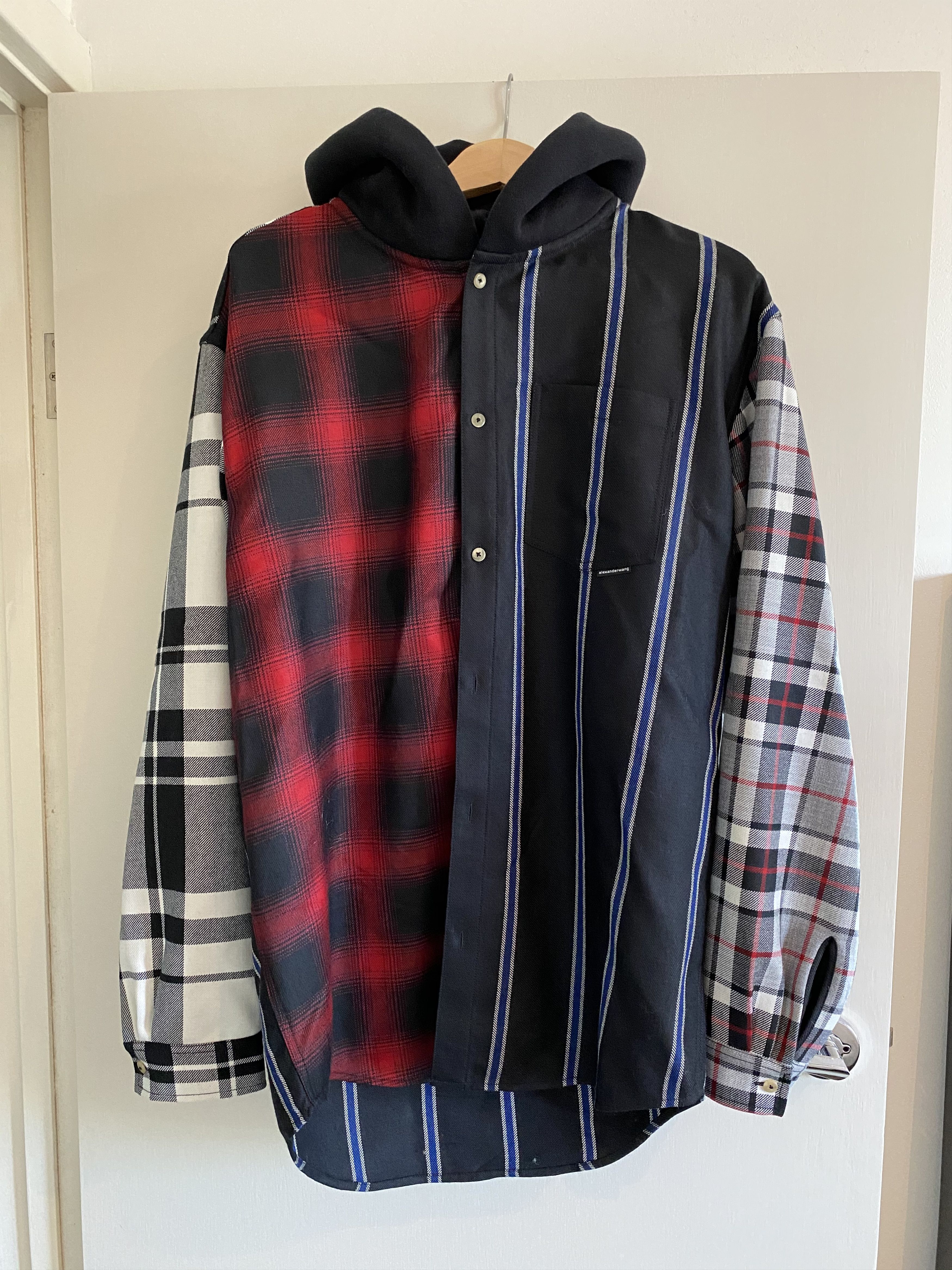 Alexander Wang Men's Mixed Check Plaid Hooded Shirt