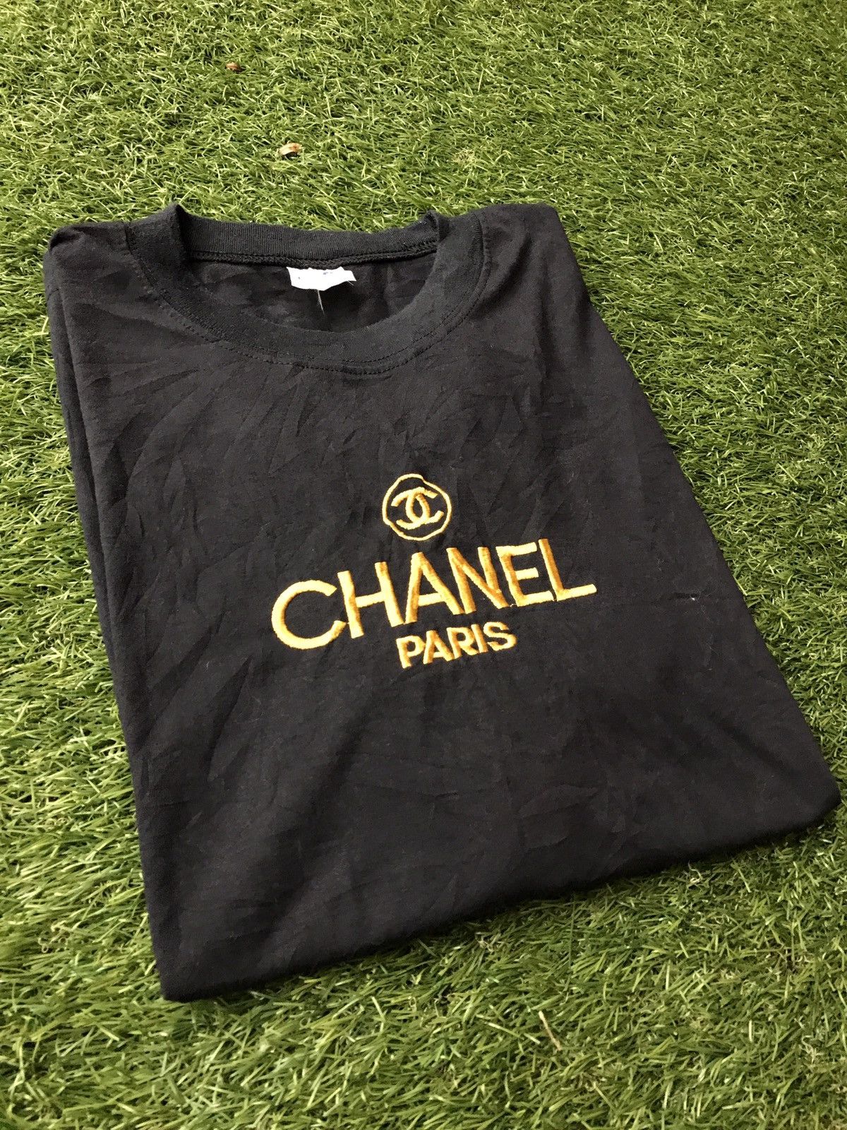Vintage Authentic Chanel Paris Gold Embroidery Logo T Shirt