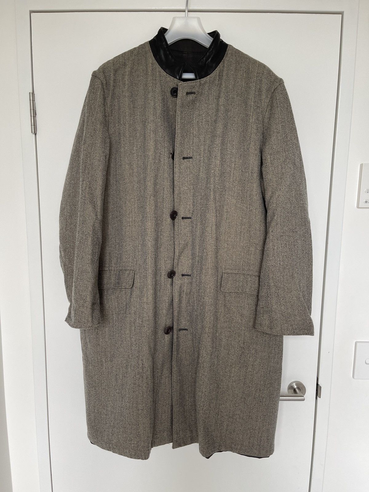 Lemaire Reversible tweed leather collar coat, 50 | Grailed