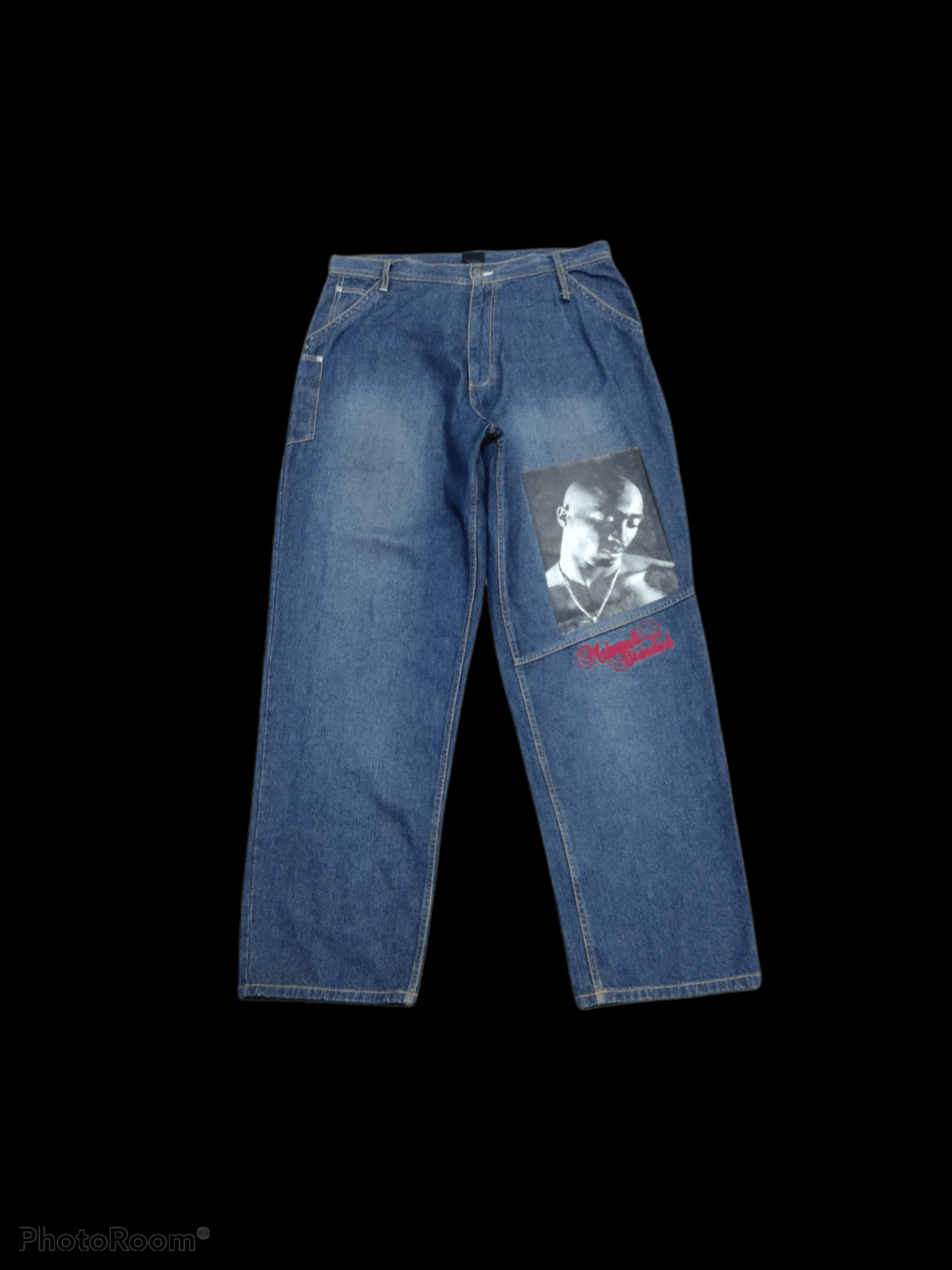 image of Makaveli x Rap Tees American Icon Rapper Tupac Denim Pants in Blue Denim, Men's (Size 38)