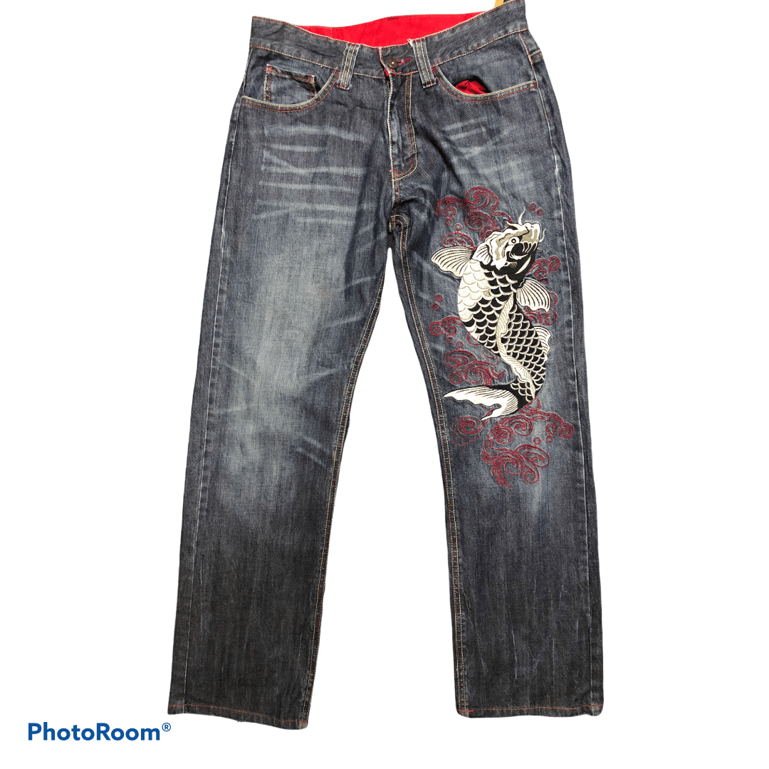 Infinity Ambroidery Fish Koi Like Sukajan Denim Pants