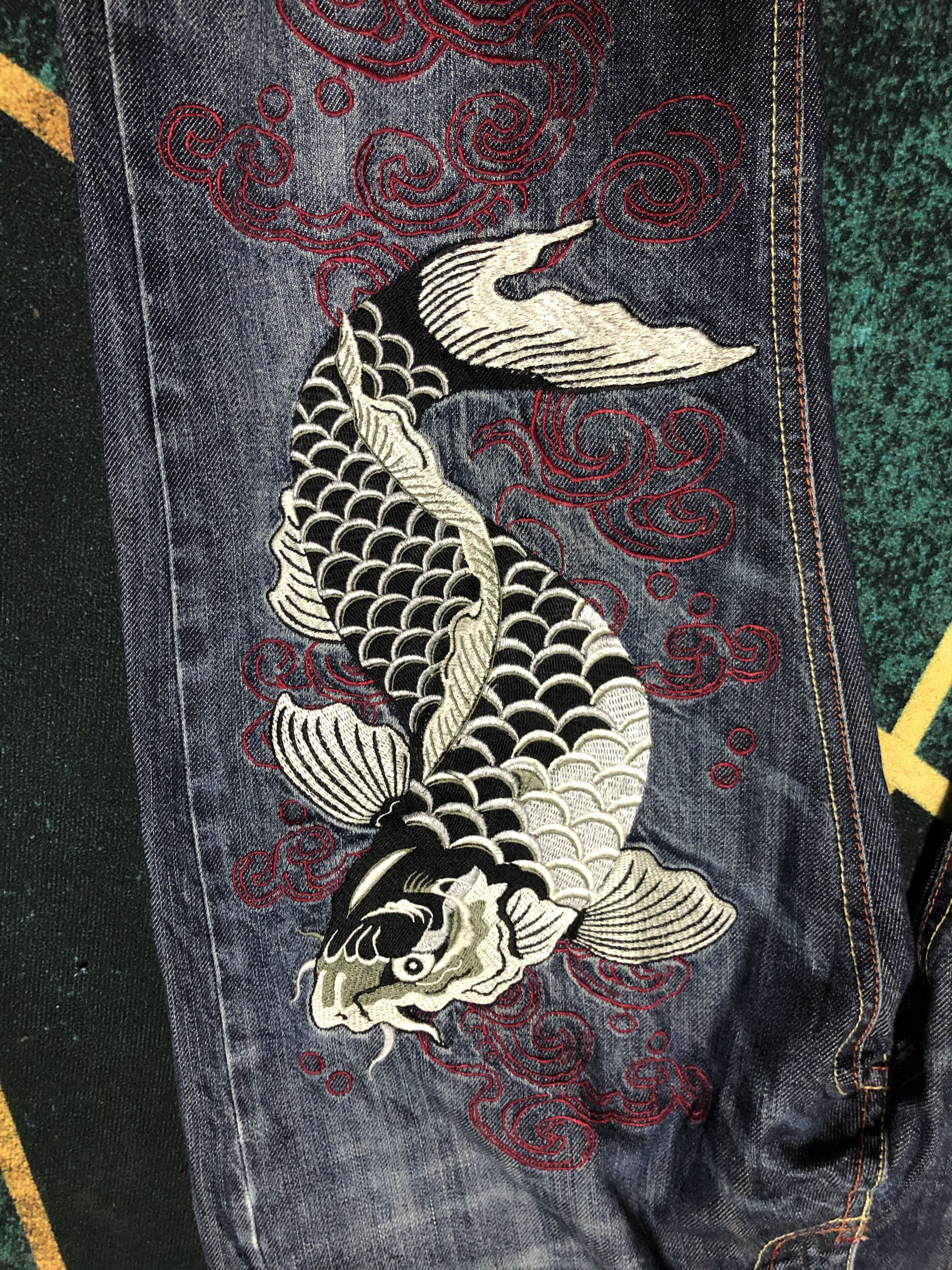 Japanese Brand Infinity Ambroidery Fish Koi Like Sukajan Denim Pants Size US 31 - 4 Thumbnail