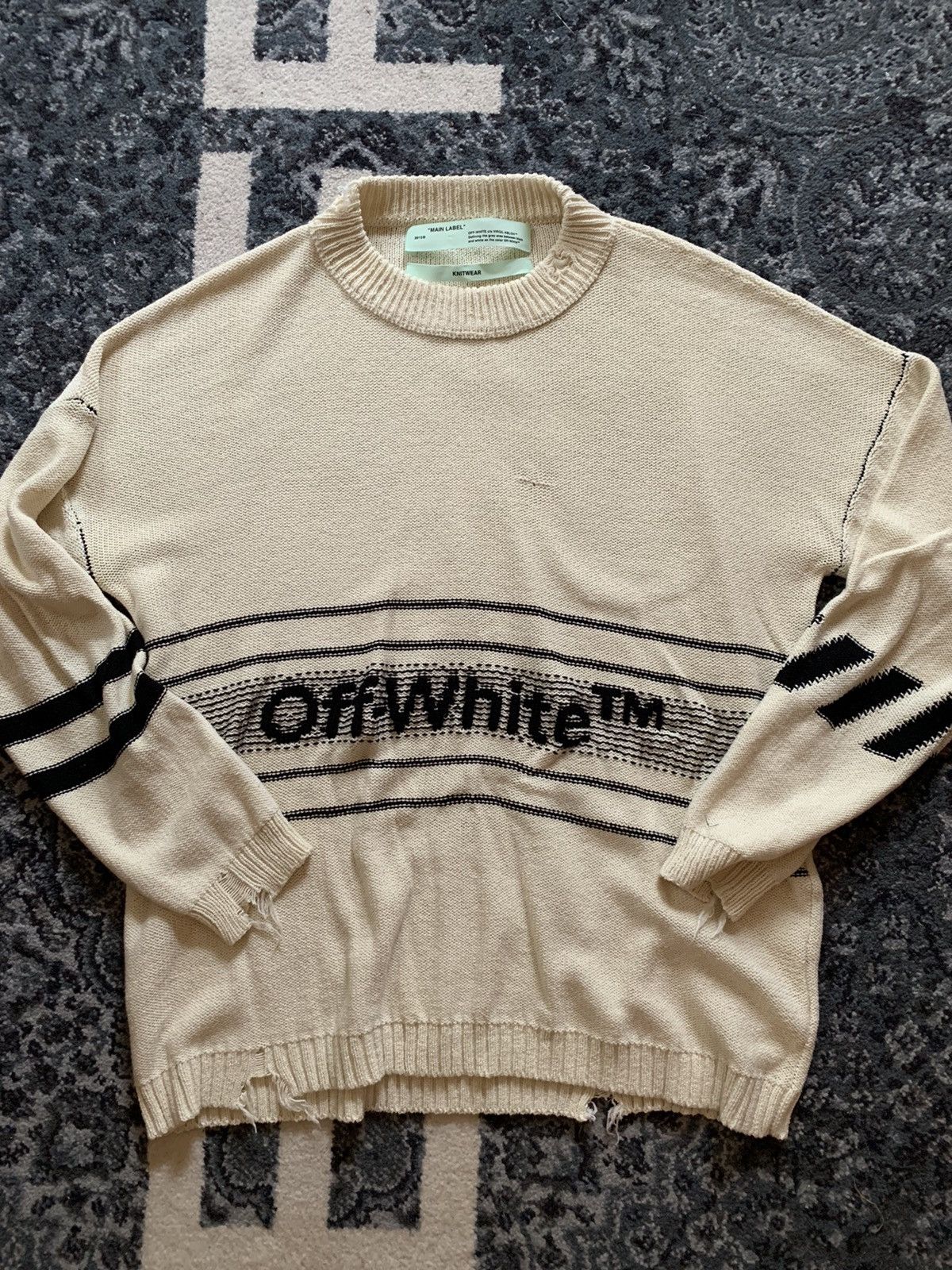 image of Off White Off-White Logo Knit Sweater in Cream, Men's (Size Large)