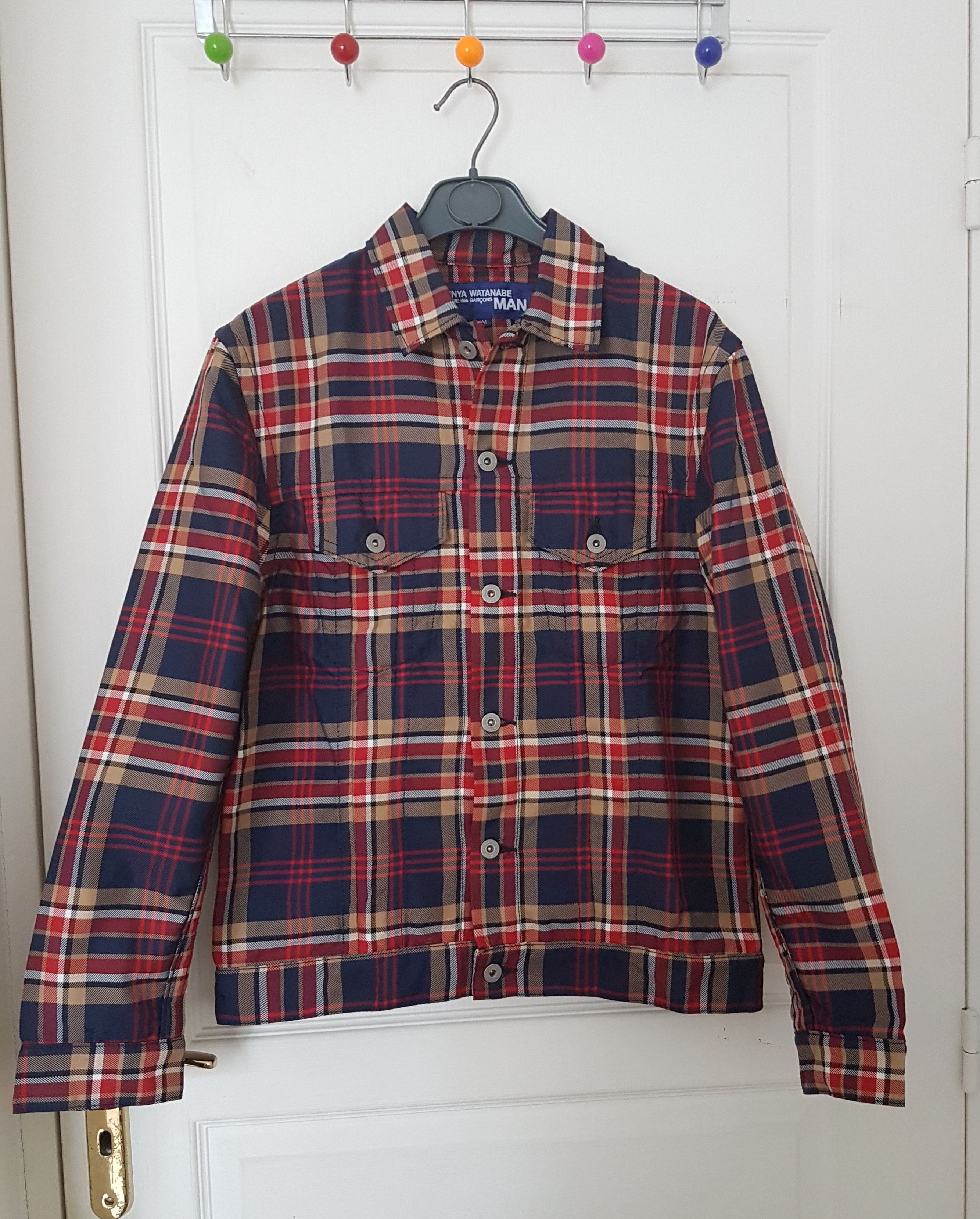 image of Comme Des Garcons x Junya Watanabe Nylon Tartan Trucker Jacket in Red Tartan, Men's (Size Medium)