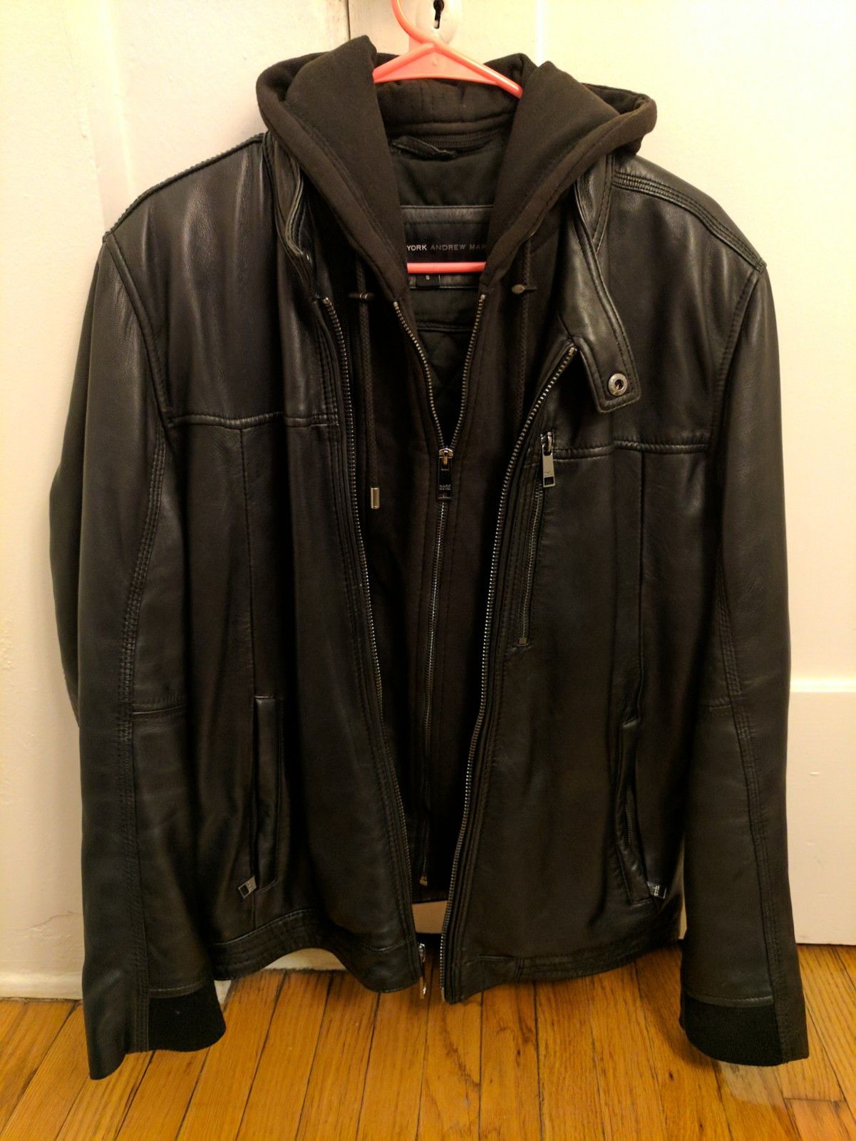 Andrew Marc Men’s Black Leather Hooded Zip up Jacket hot size medium