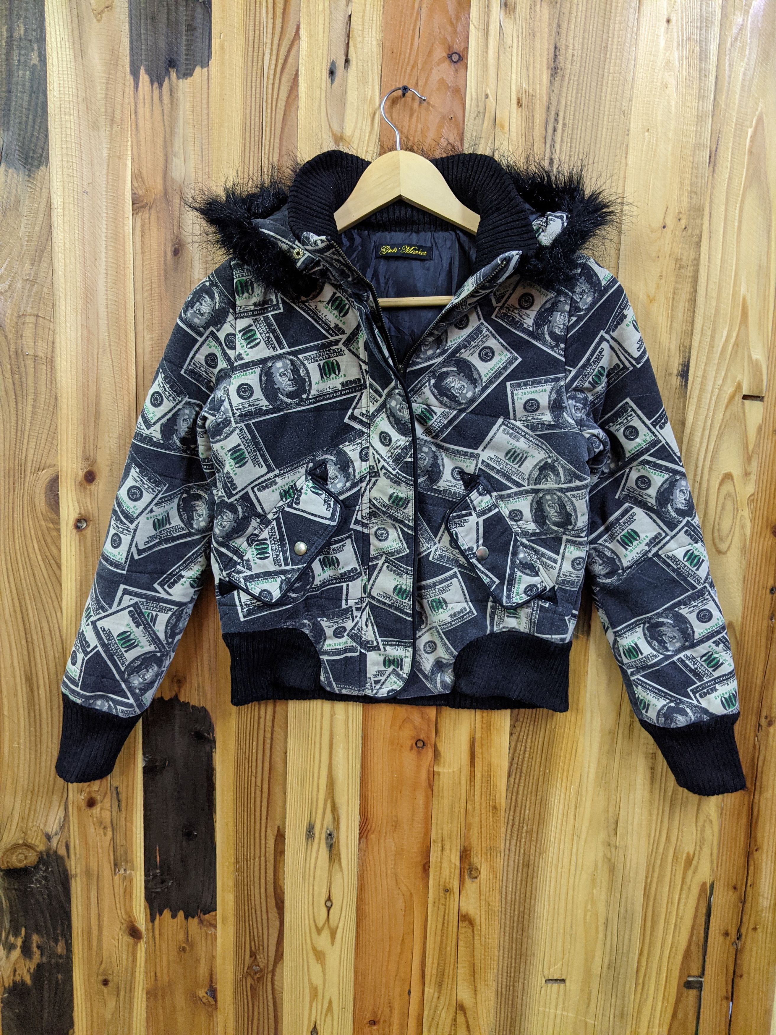 image of Mink Fur Coat Full Print 1 Dollar American Sweater By Girls Market in Mix, Men's (Size XS)