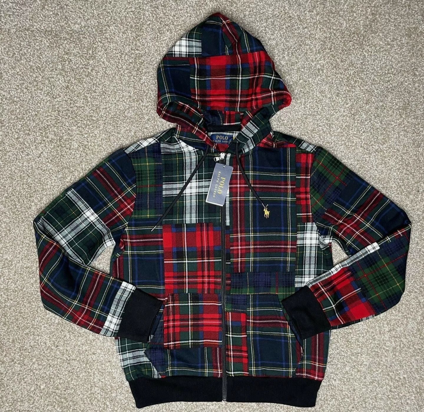 Polo Ralph Lauren Patchwork Plaid Fleece zip Hoodie hot Men M New RARE