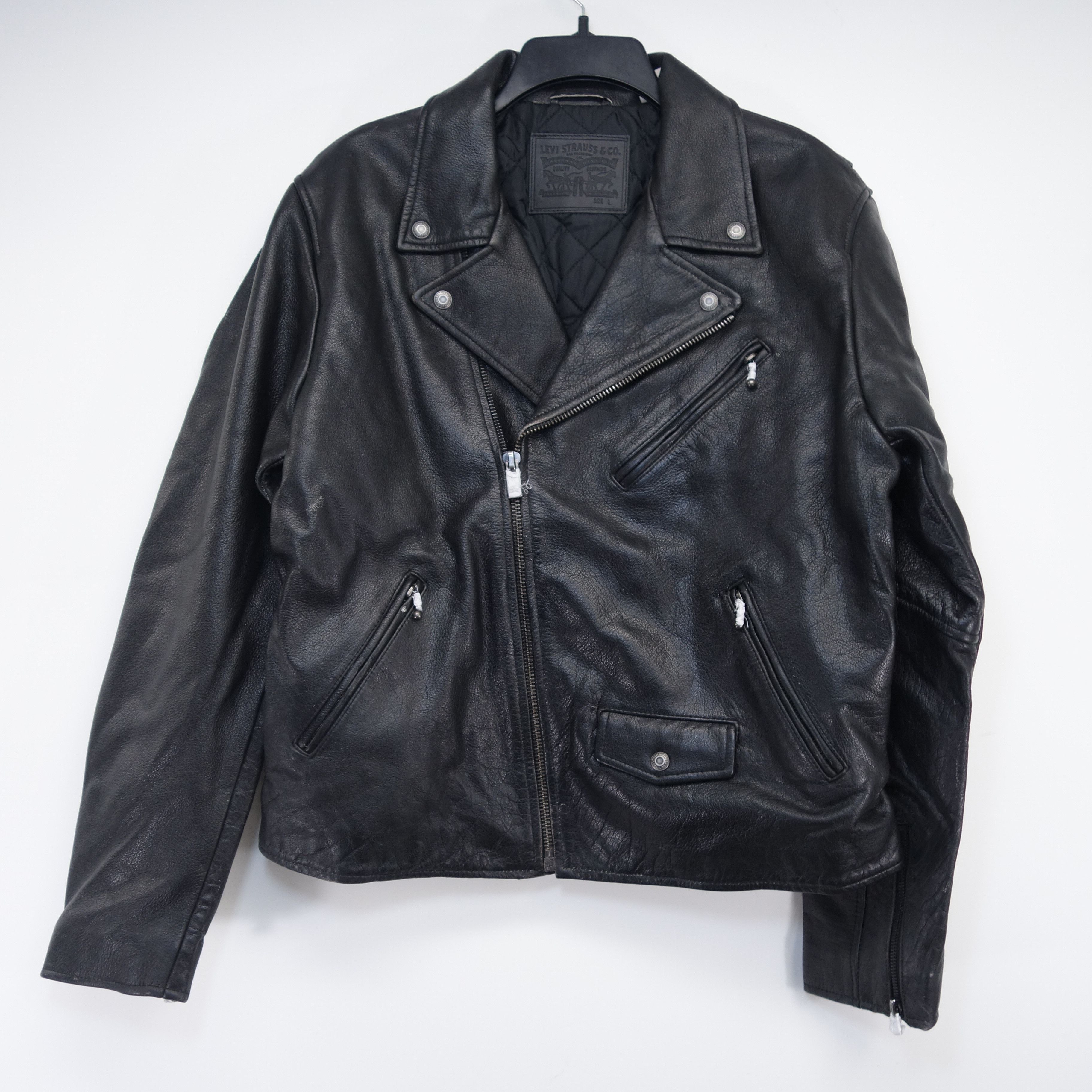 Classic Black Leather Moto Motorcycle Trucker Jacket L