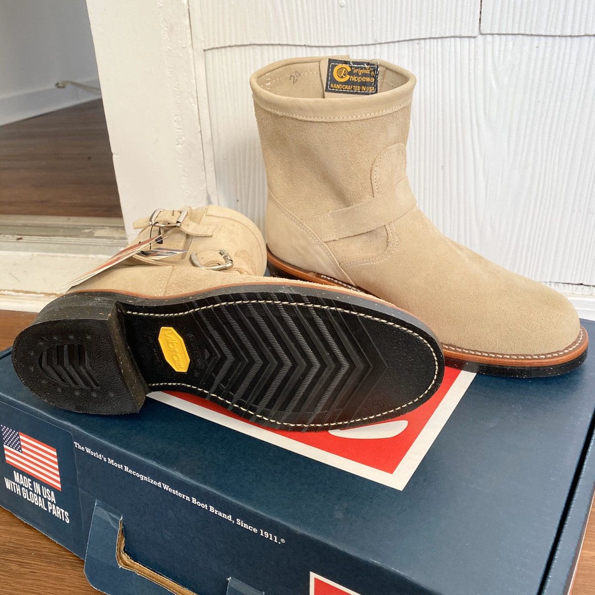 Chippewa 97875 Mens Tan Suede Moc Toe Engineer Boots Vibram Sole USA Made 9E Chippewa Shoes Tan Renegade Leather 1901M22 Vibram Sole Moc  main image 2
