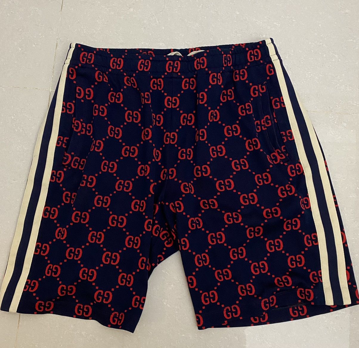 GUCCI GG MONOGRAM RED JACQUARD NAVY PANTS (M) - CRTBLNCHSHP