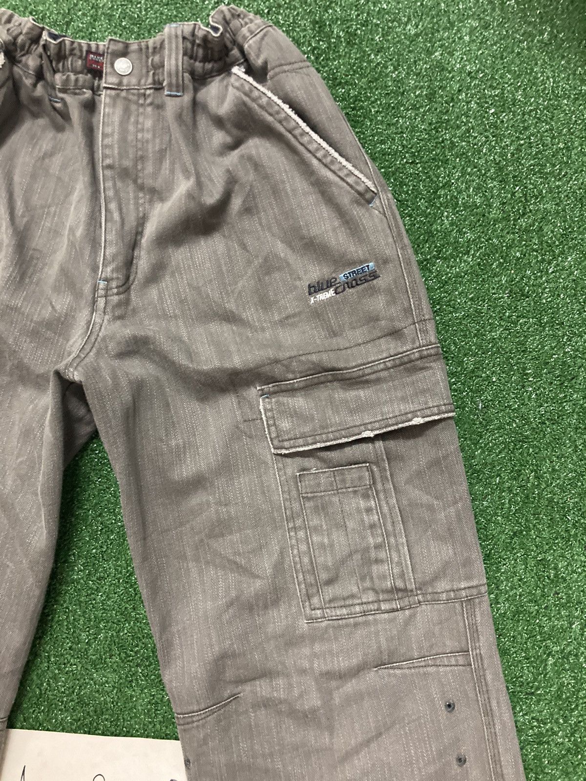 Japanese Brand !LastDrop!Vintage Blue Cross Striped Gray Denim Cargo Pants Size US 31 - 8 Thumbnail