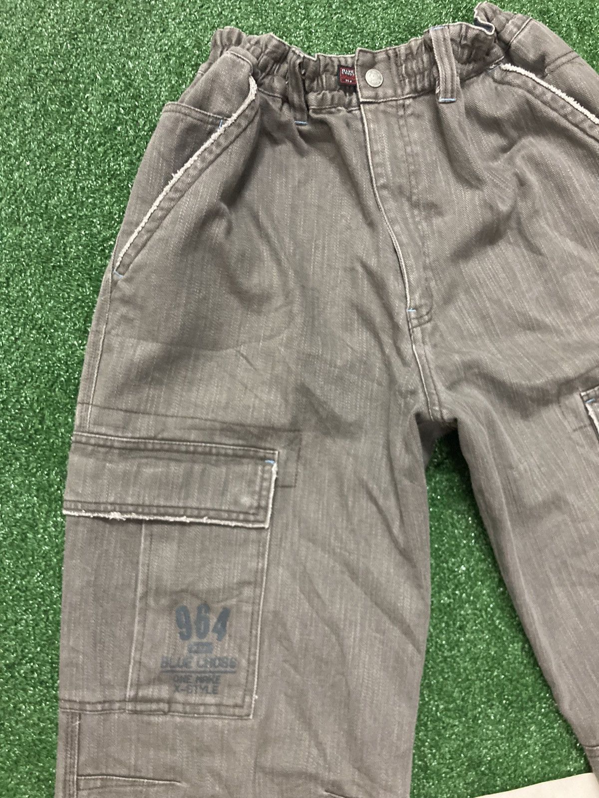 Japanese Brand !LastDrop!Vintage Blue Cross Striped Gray Denim Cargo Pants Size US 31 - 7 Thumbnail