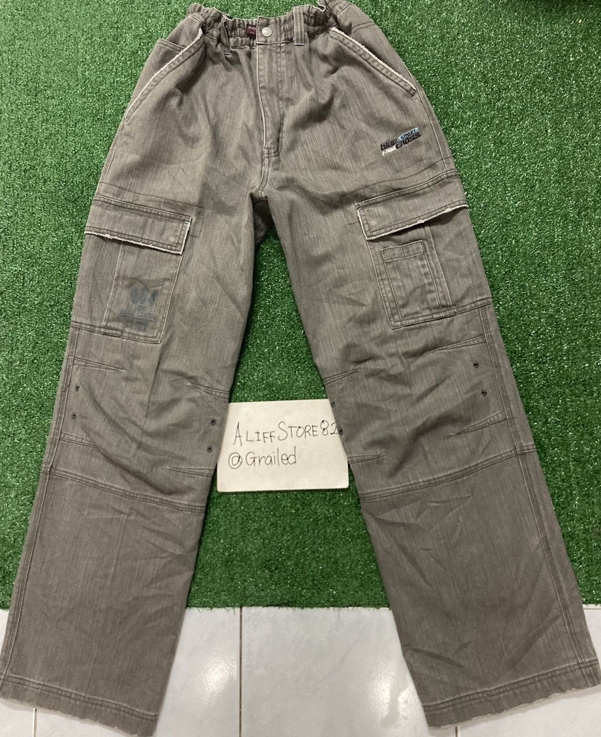 Japanese Brand !LastDrop!Vintage Blue Cross Striped Gray Denim Cargo Pants Size US 31 - 1 Thumbnail