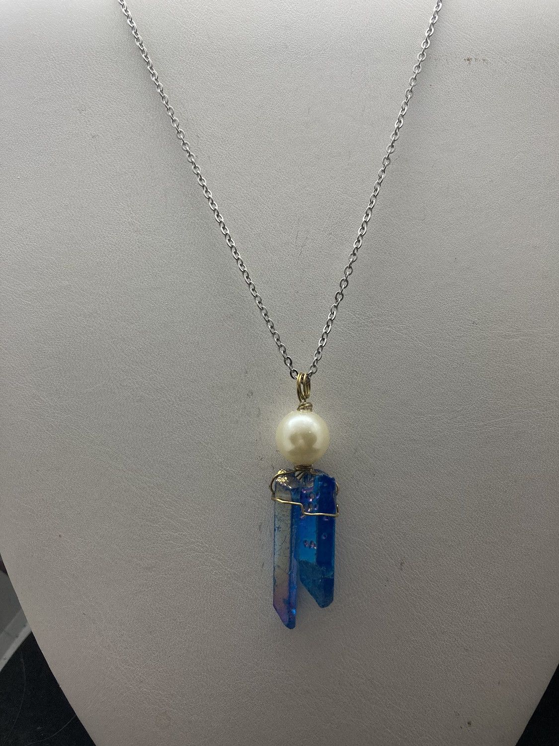 Blue quartz Crystal stainless steel necklace