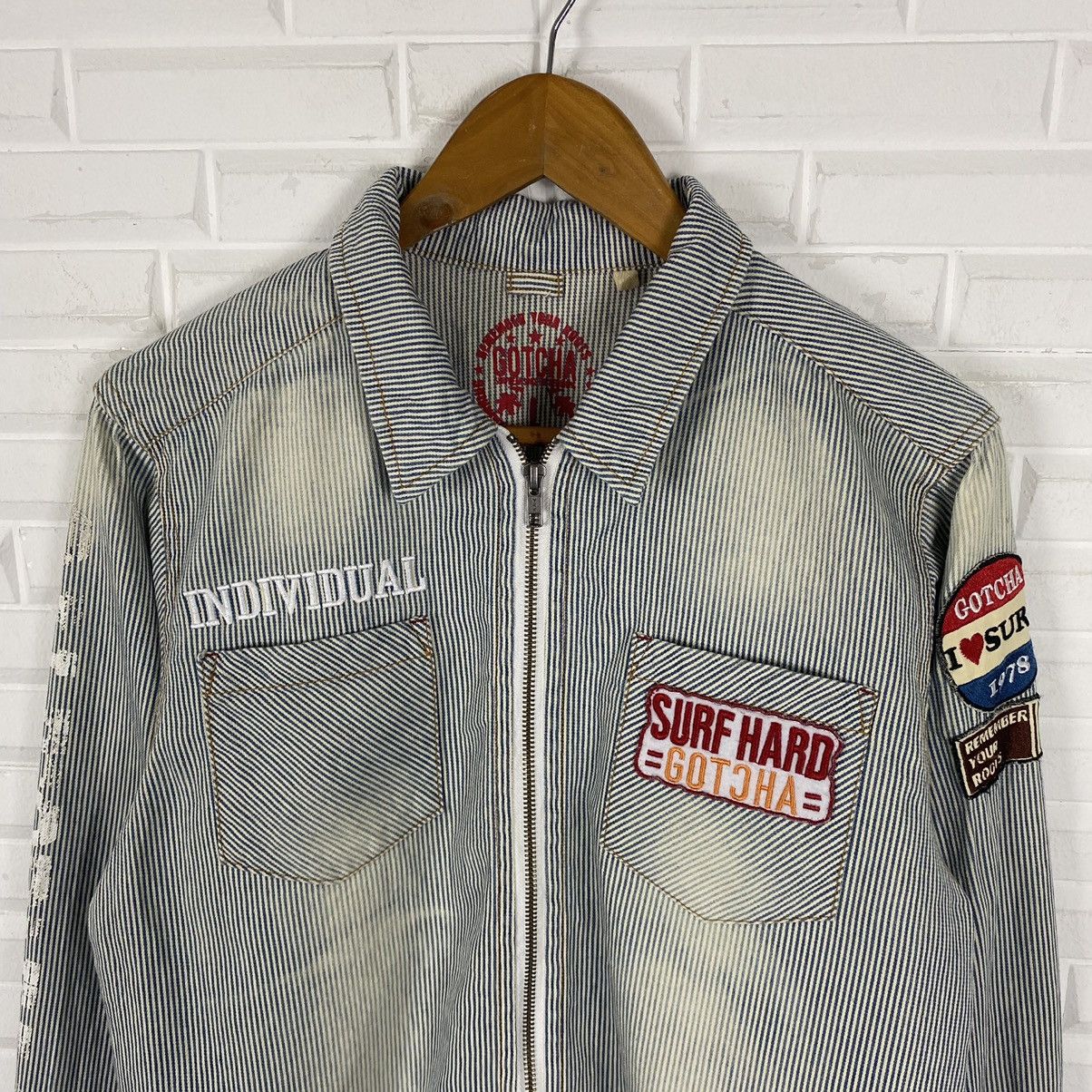 Gotcha × Japanese Brand GOTCHA HICKORY STRIPE MULTI PATCHES ZIPPER JACKET Size US M / EU 48-50 / 2 - 5 Thumbnail