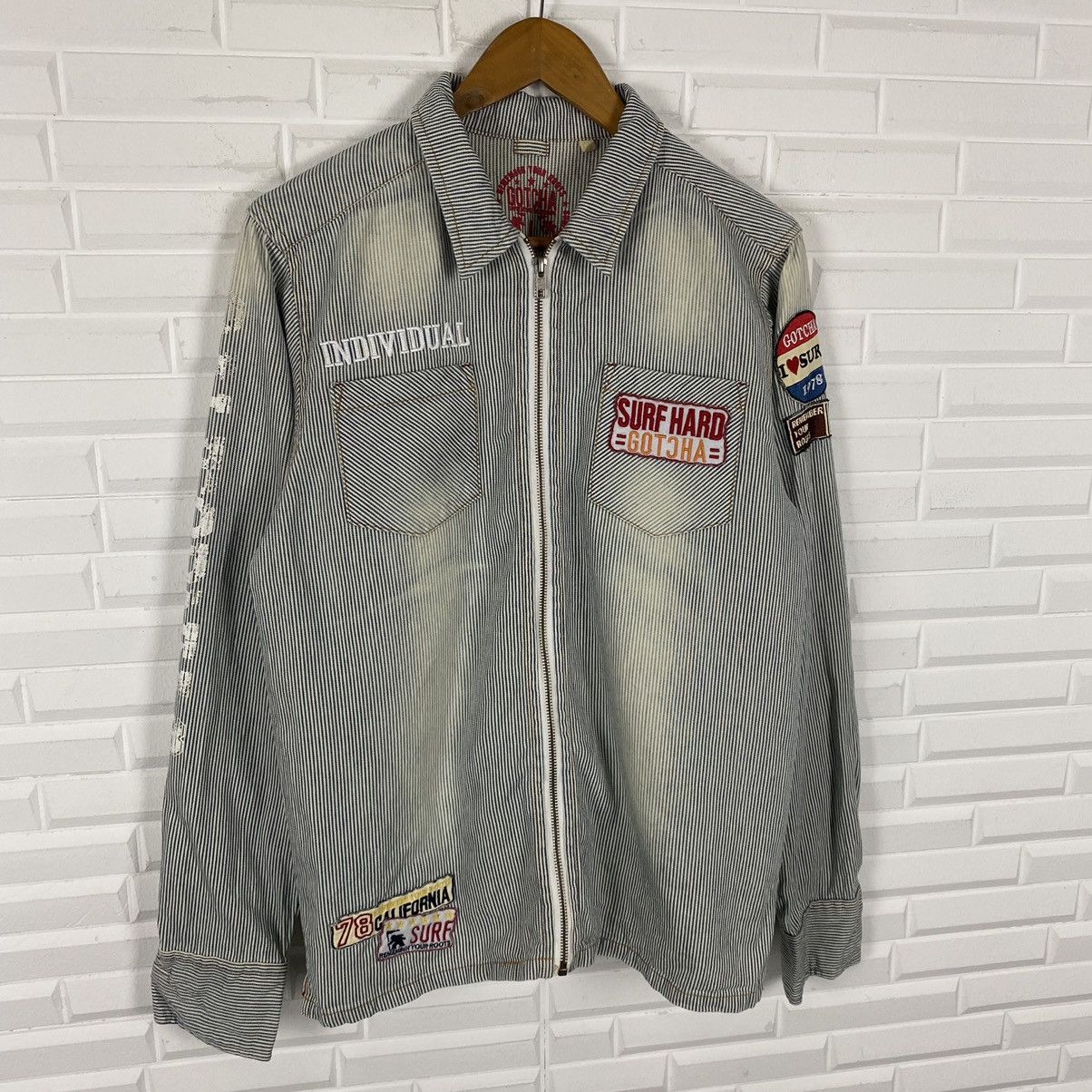 Gotcha × Japanese Brand GOTCHA HICKORY STRIPE MULTI PATCHES ZIPPER JACKET Size US M / EU 48-50 / 2 - 4 Thumbnail
