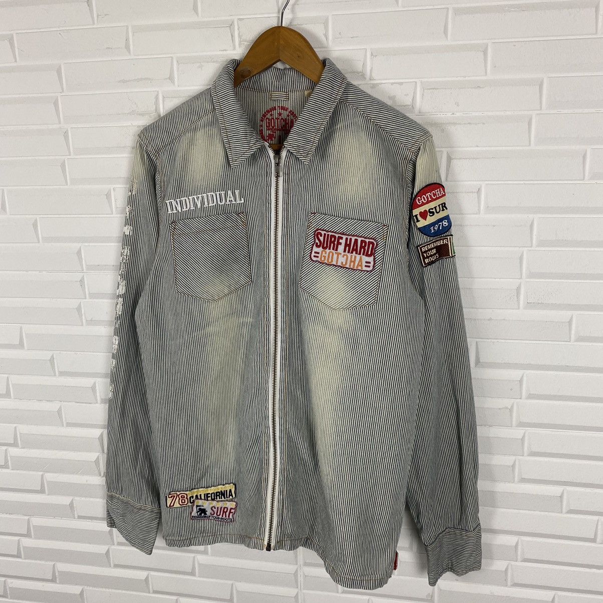 Gotcha × Japanese Brand GOTCHA HICKORY STRIPE MULTI PATCHES ZIPPER JACKET Size US M / EU 48-50 / 2 - 3 Thumbnail