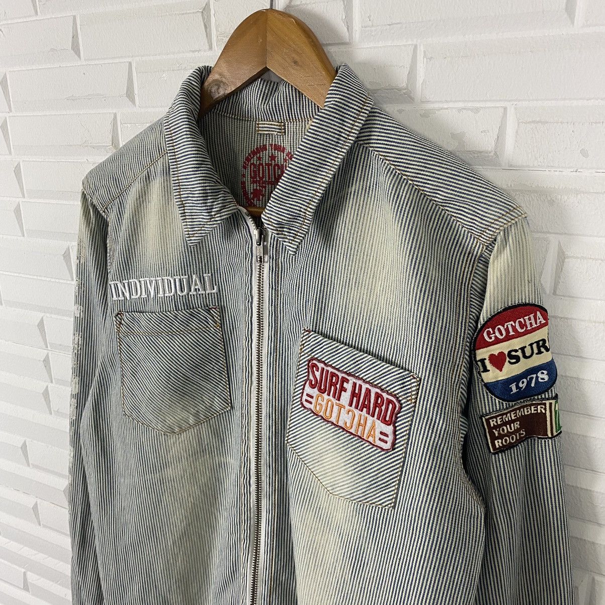 Gotcha × Japanese Brand GOTCHA HICKORY STRIPE MULTI PATCHES ZIPPER JACKET Size US M / EU 48-50 / 2 - 6 Thumbnail