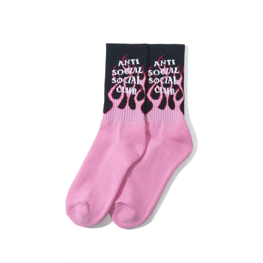 Anti Social Social Club DS ASSC White logo Pink Flame Socal Black Socks in hand Size ONE SIZE - 2 Thumbnail