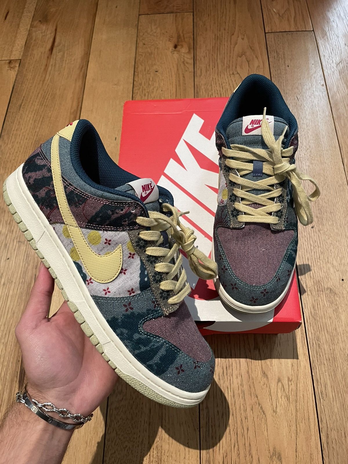 image of Nike Dunk Low Sp Community Garden 2021 Shoes in Midnight Turquoise/Red/Lemon, Men's (Size 9)