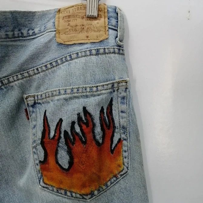 Levi's × Levi's Vintage Clothing 💣 OFFER Vtg LEVI'S 505 Custom Fire Art Design Denim Jeans Size US 38 / EU 54 - 5 Thumbnail