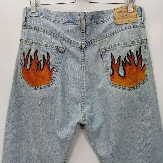 Levi's × Levi's Vintage Clothing 💣 OFFER Vtg LEVI'S 505 Custom Fire Art Design Denim Jeans Size US 38 / EU 54 - 4 Thumbnail