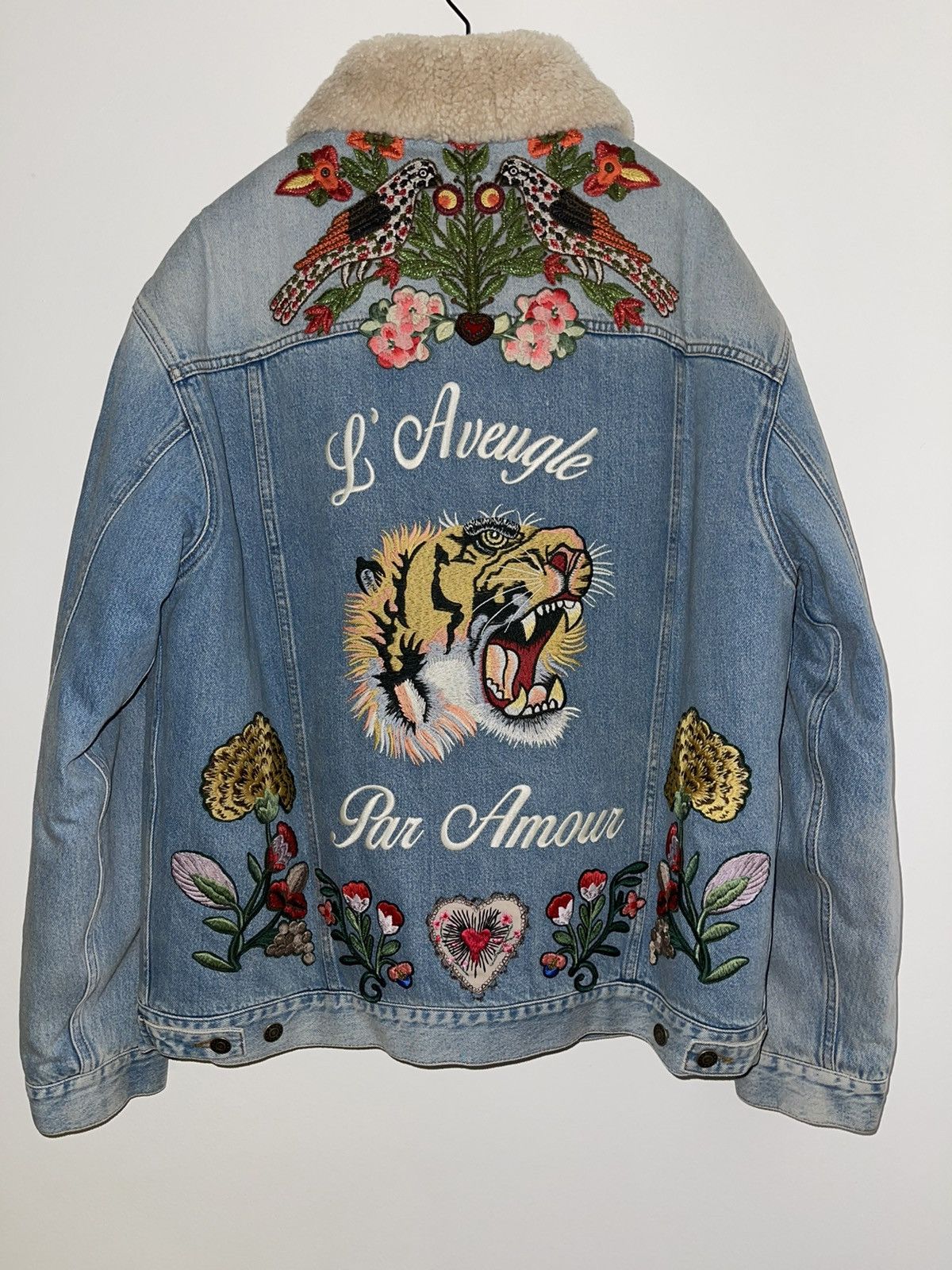 Gucci Tiger Embroidered Denim Jacket with Shearling Trim Grailed