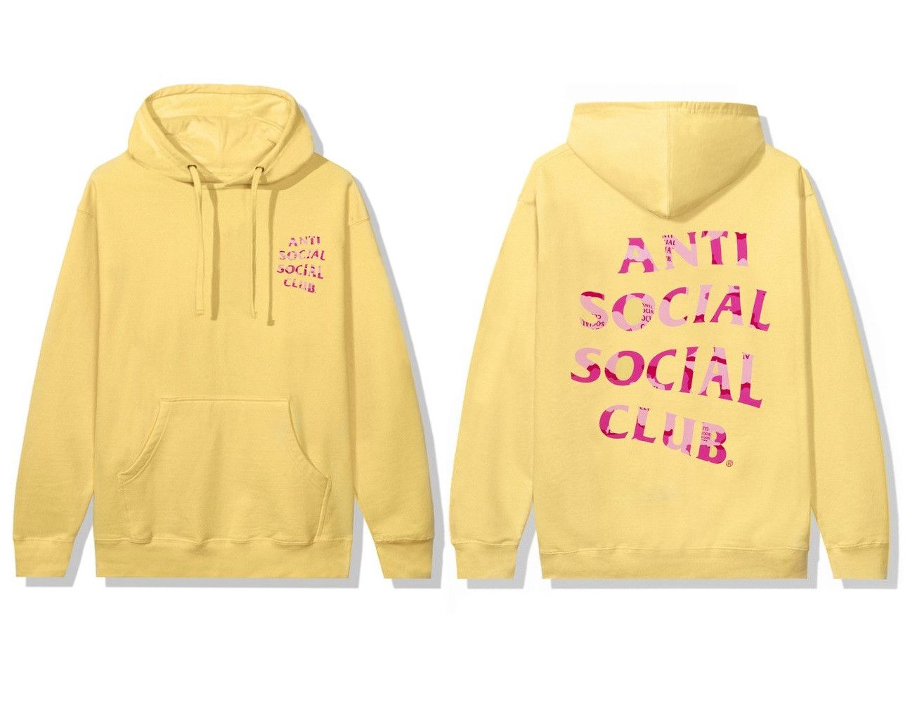 image of Anti Social Social Club Ds Pink Camo Assc Plain Sight Yellow Hoodie Bape Kith Kaws (Size Large)