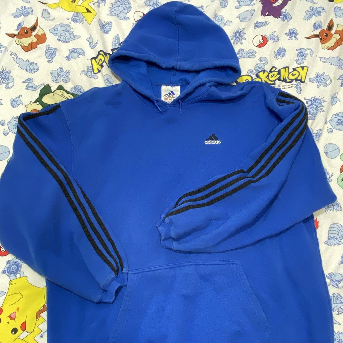 Vintage Adidas Blue Black Stripes Blue Hoodie
