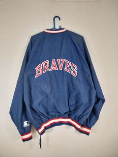 Vintage Atlanta Braves 1/2 Zip Pullover Starter Jacket Navy Blue Red Silver  (XL)