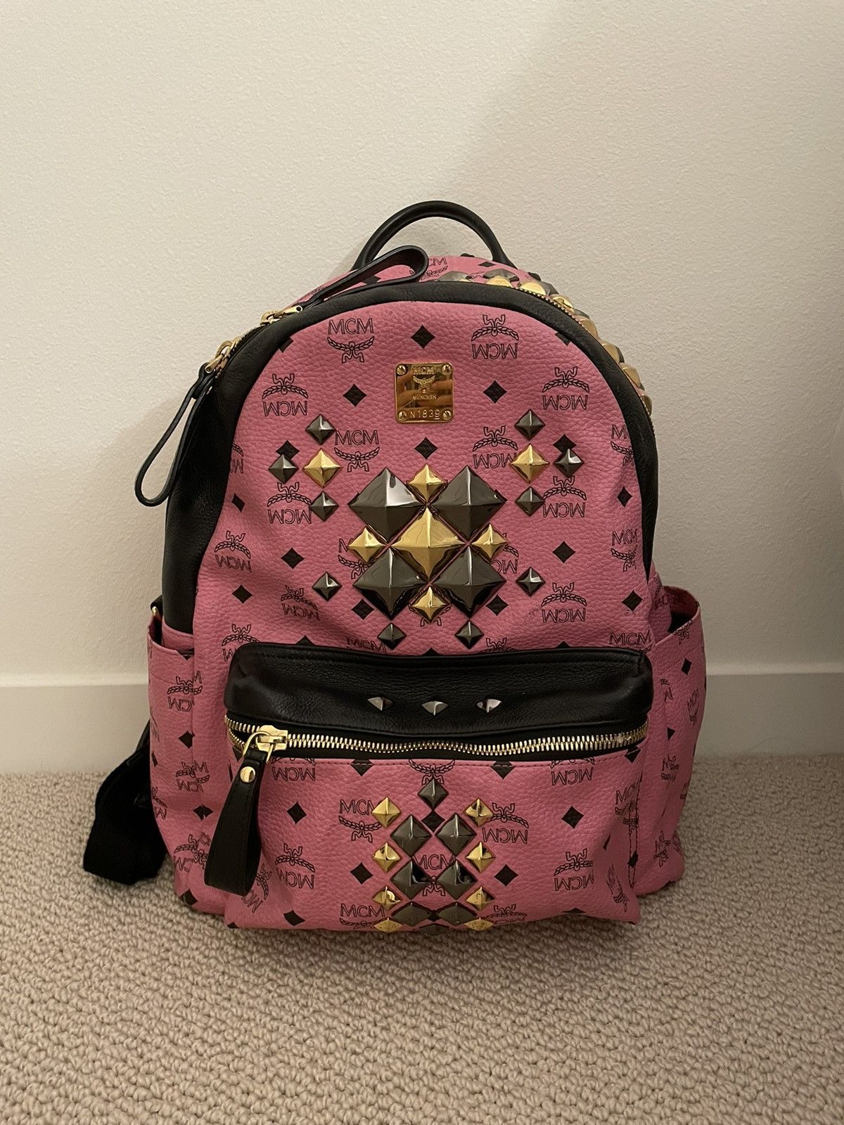 MCM RARE Discontinued MCM Small Stark Studded Pink backpack 