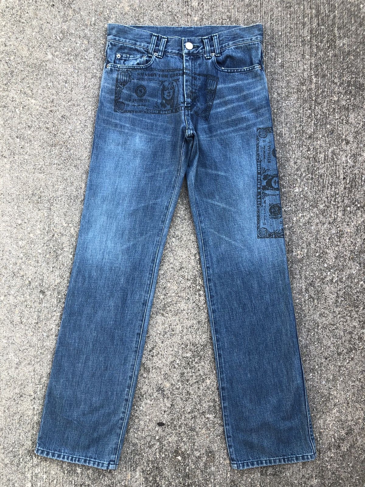Vintage SMADDY Japan Ripped Printed $ Bill Star Arcuate Denim Jeans Size US 30 / EU 46 - 1 Thumbnail