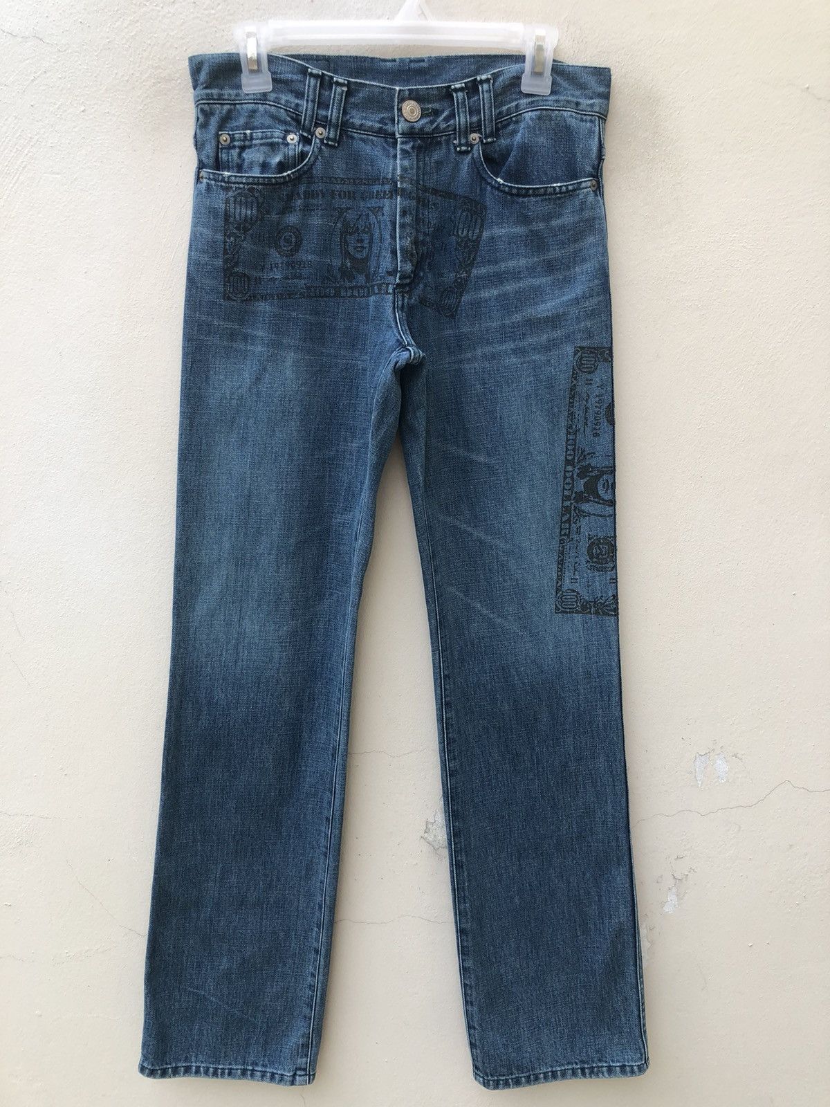 Vintage SMADDY Japan Ripped Printed $ Bill Star Arcuate Denim Jeans Size US 30 / EU 46 - 3 Thumbnail