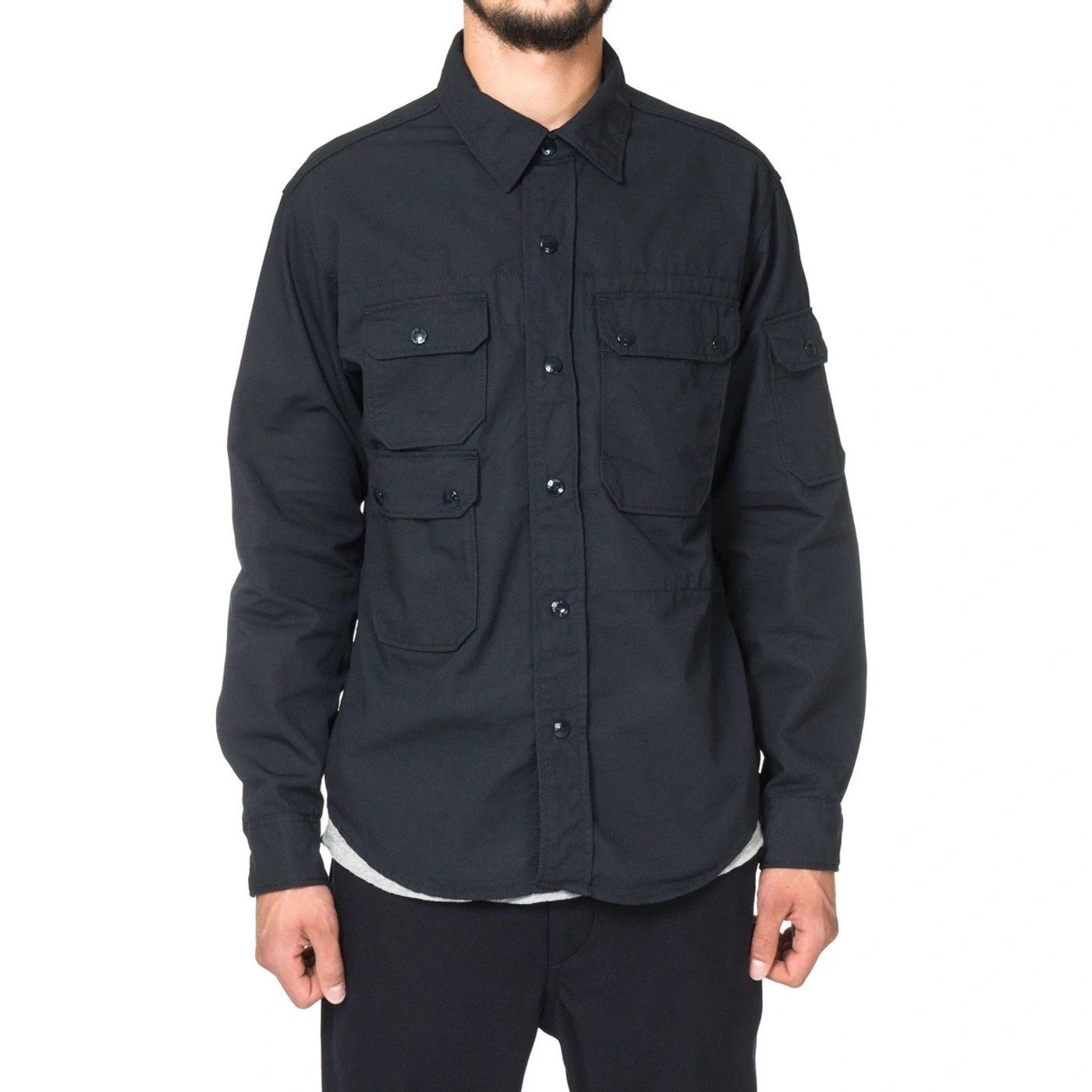 ENGINEERED GARMENTS／CPOシャツ（M） Engineered Garments L Navy Wool CPO Shirt with Chin Strap