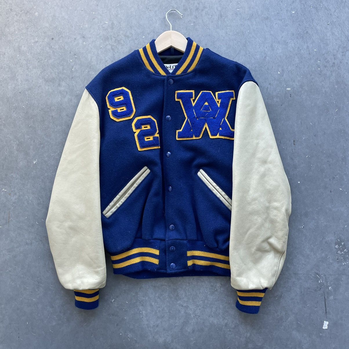 Vintage VTG Varsity Jacket Blue Yellow Leather Made in USA Medium Size US M / EU 48-50 / 2 - 1 Thumbnail