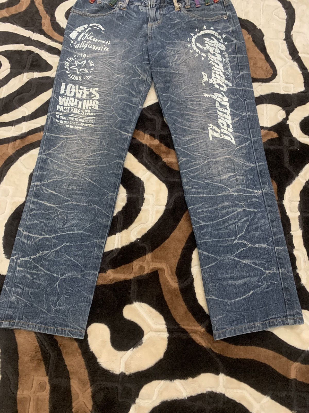 Designer × Japanese Brand NYLAUS JEANS Double Waist Acid Wash Printed Allover Denim Size US 29 - 5 Thumbnail