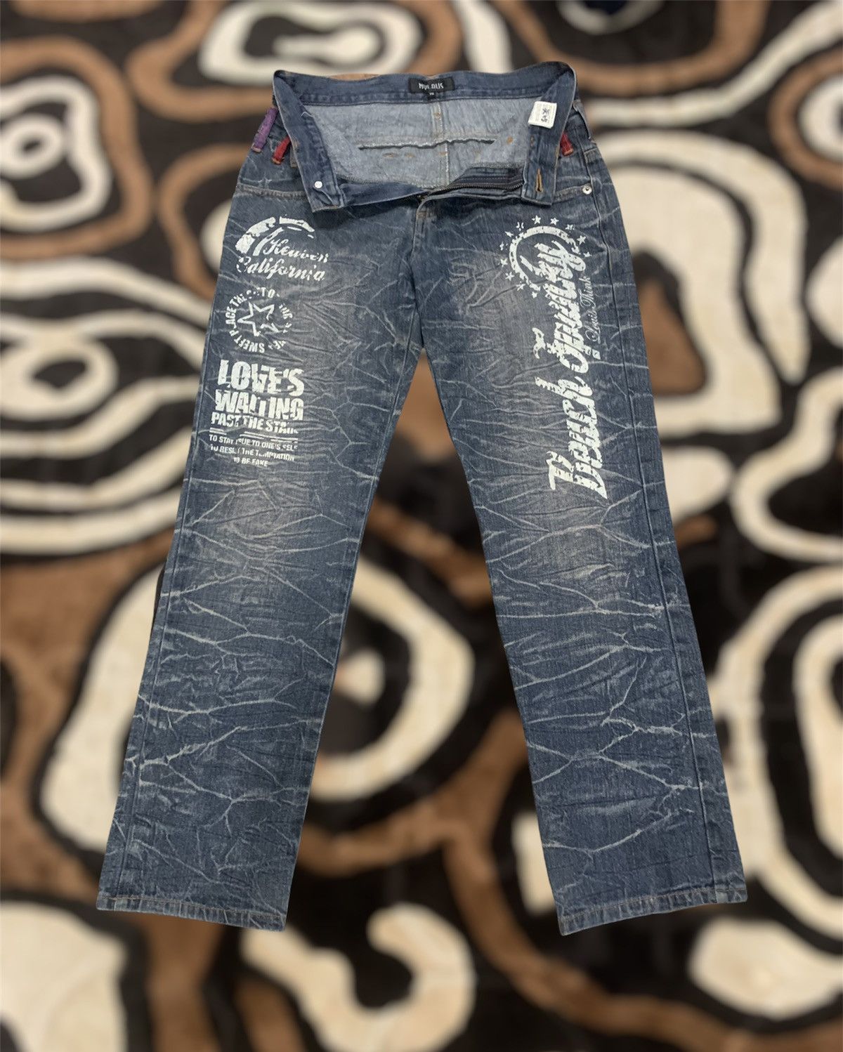 Designer × Japanese Brand NYLAUS JEANS Double Waist Acid Wash Printed Allover Denim Size US 29 - 3 Thumbnail