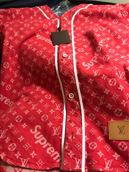 Supreme X Louis Vuitton Red Leather Baseball Jacket