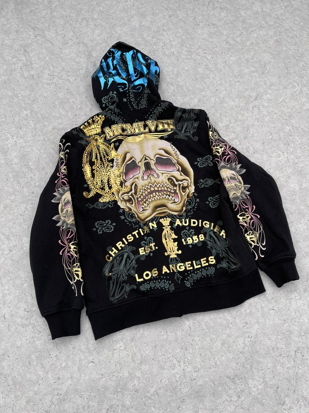 CHRISTIAN AUDIGIER レザー ジャケット 刺繍 L ブラック Ed Hardy By Christian Audigier Suit Jacket Blazer Black Men's S